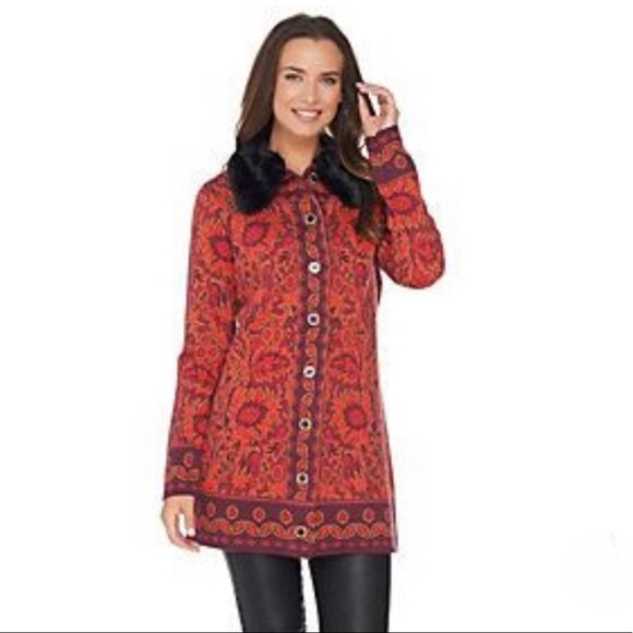 Isaac Mizrahi Live Tapestry Cardigan Faux Fur Collar Sweater Jacket in Red Sz L